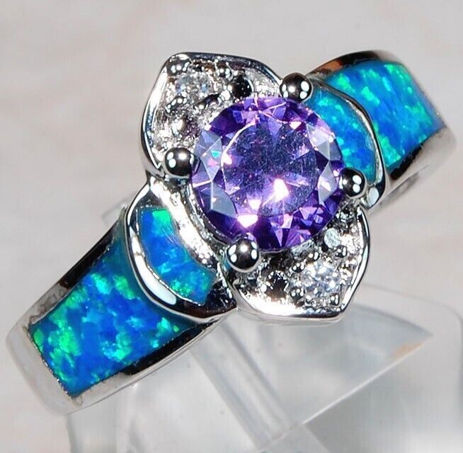 1CT Amethyst & Australian Opal Inlay Sterling Silver Ring Size 7 AB5