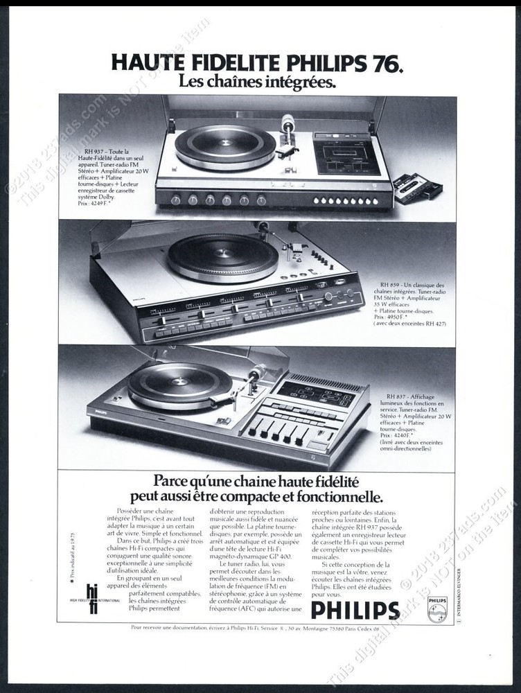 1976 Philips Hi Fi RH 937 859 837 turntable photo French vintage print ad