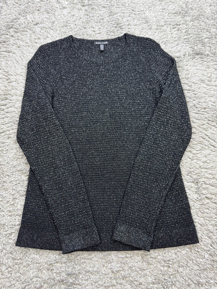 Eileen Fisher Sweater Women Small Black Sparkle Metallic Merino Wool Crewneck