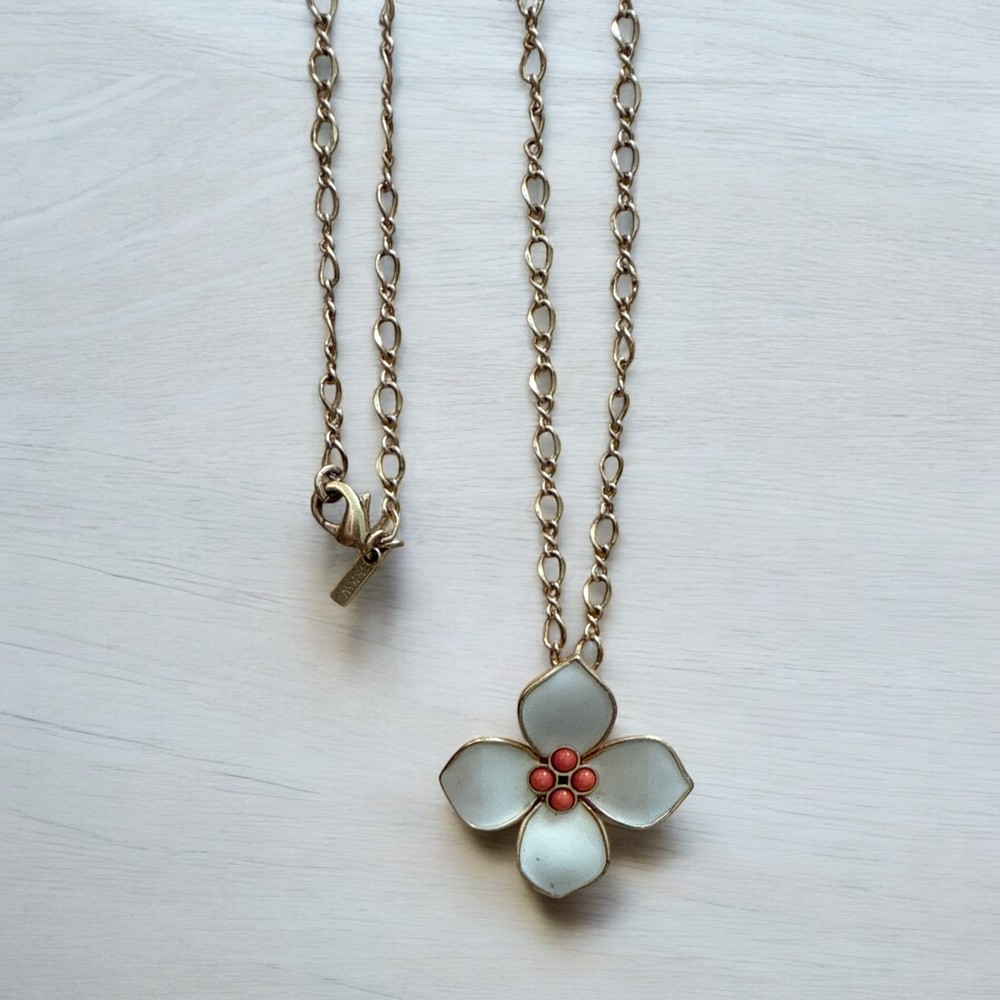 J Crew  Single Flower Cream And Coral Pendant Necklace 29in Long 1.25in Flower