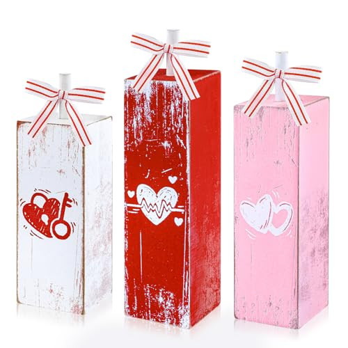 Valentines Day Decorations 3 PCS Valentines Table Block Sign Love Heart Block