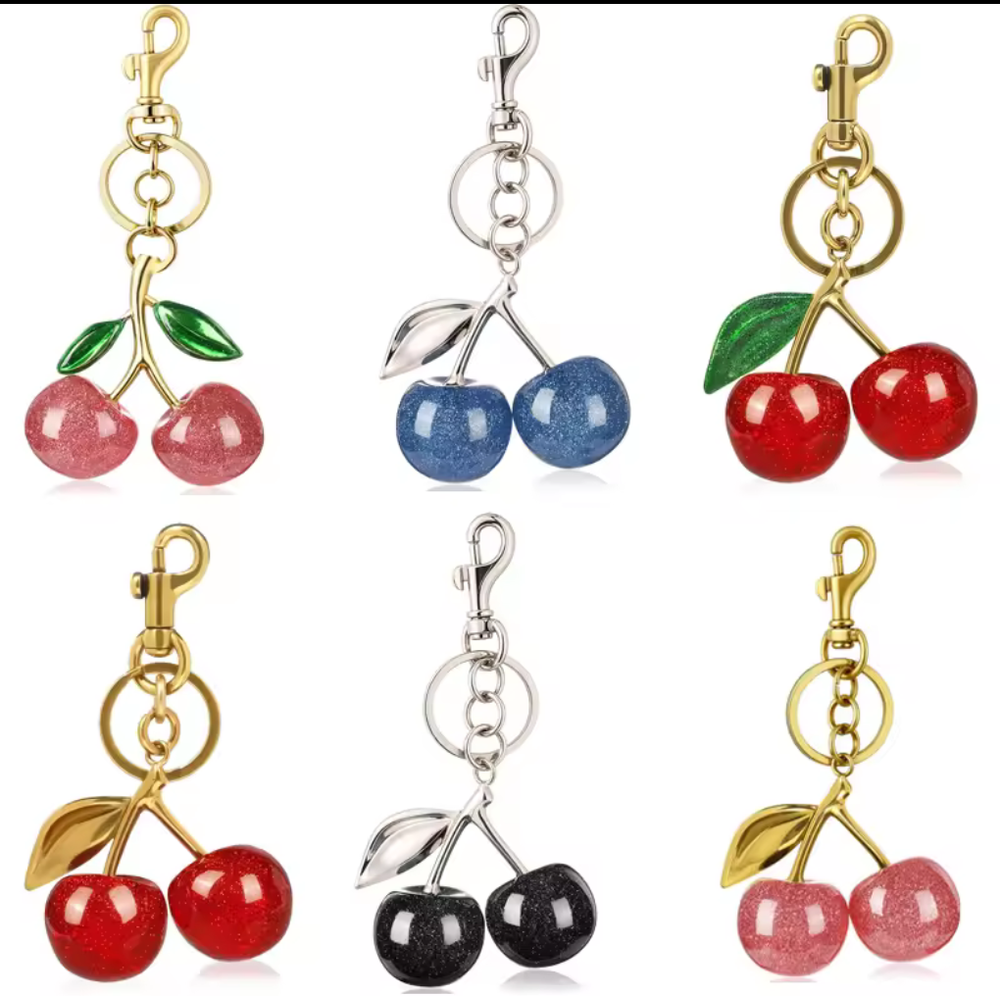 New Cherry Bag Charm Keychain Glitter Resin and Metal Brass Red Apple
