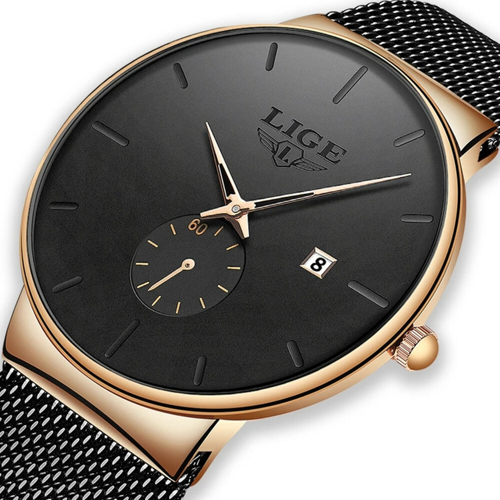LIGE Ultra Thin Mens Watch with Black Steel Strap Quartz Timepiece Gift for Men