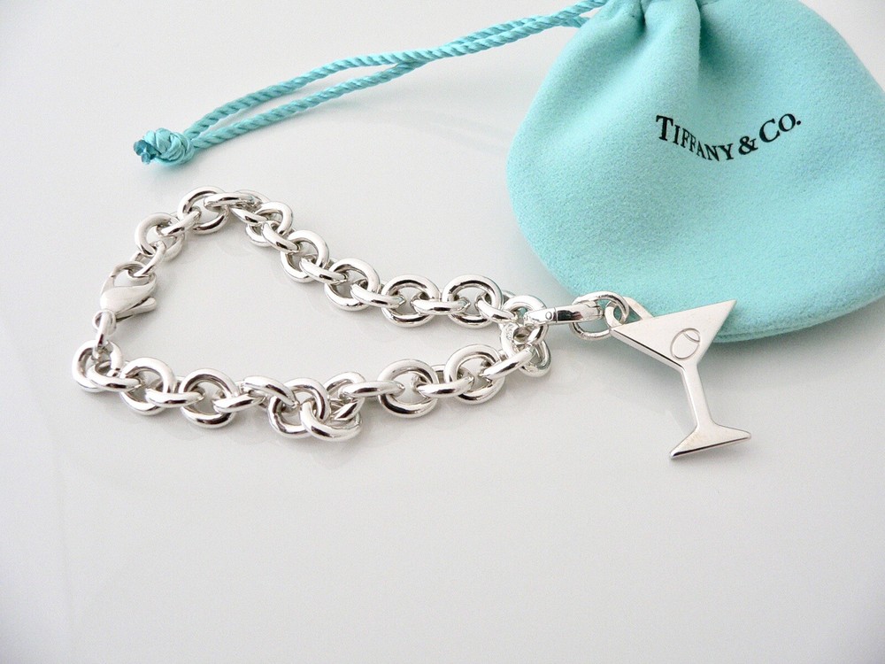 Tiffany & Co Martini Glass Olive Drink Bracelet Charm Chain Silver Pouch Gift