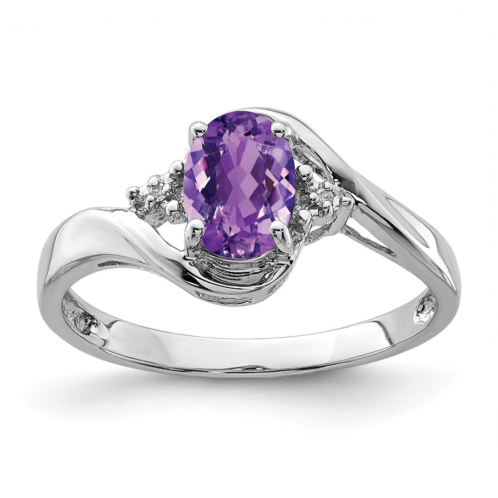 Sterling Silver Rhodium Plated Diamond and Amethyst Oval Ring Size 6 for Women