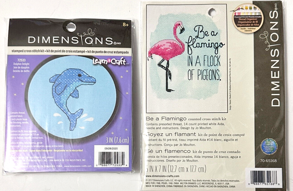 Cross Stitch Dolphin & Flamingo Animal Craft Kits Sewing, 2 pk, NEW