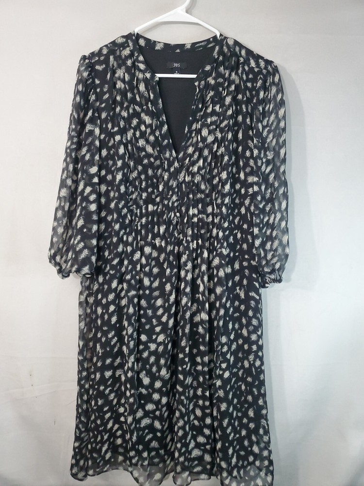 Vestido JBS para mujer talla 16 cuello en V transparente 3/4 mangas forrado botón delantero fluido