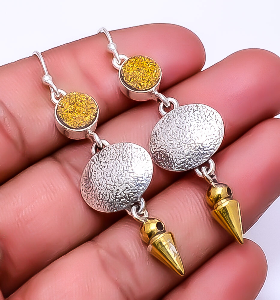 Gold Titanium Agate Drusy 925 Silver Two Tone Arrow Head Earring 2.34