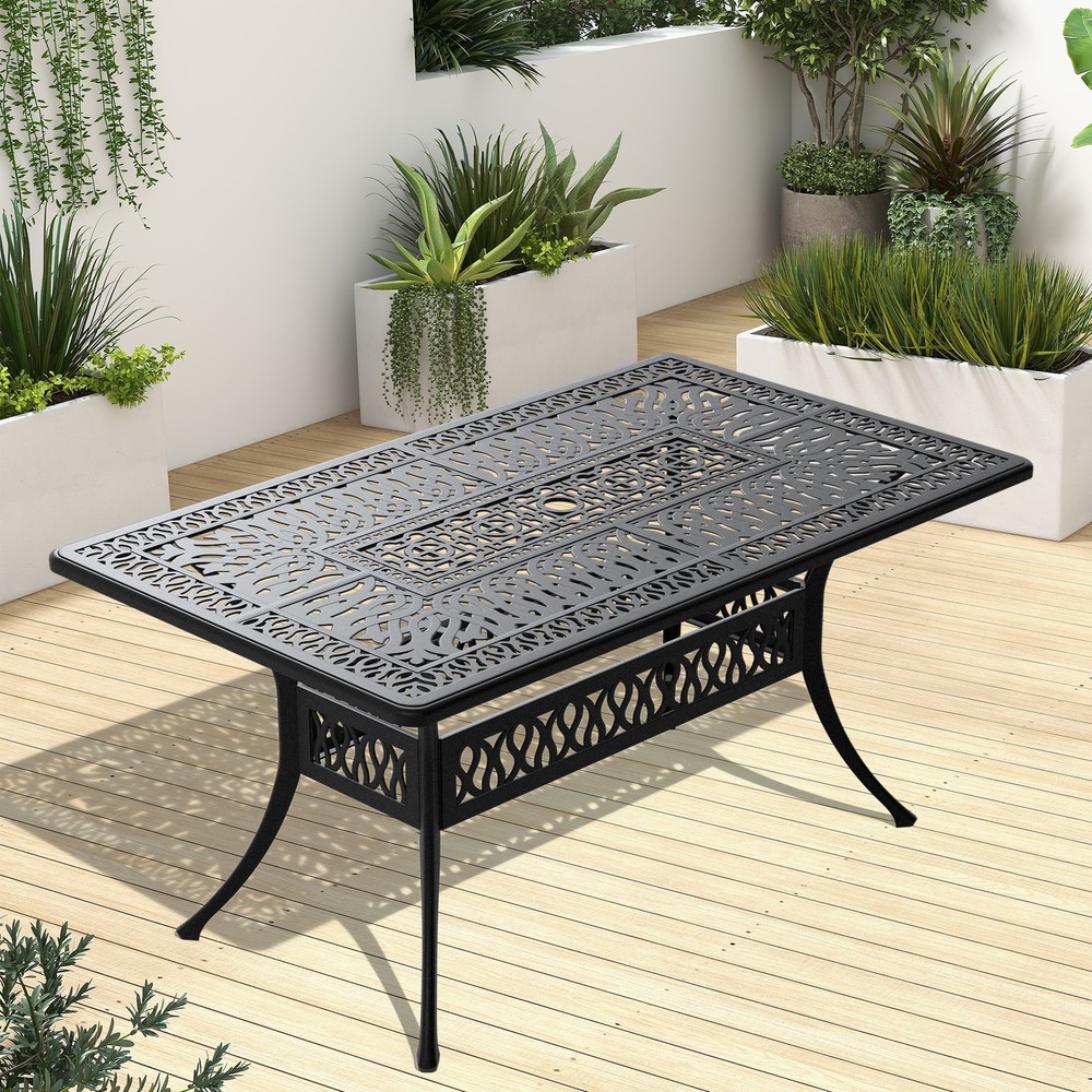 Cast Aluminum Patio Dining Table 58x35 Inch Black Frame with Umbrella Hole