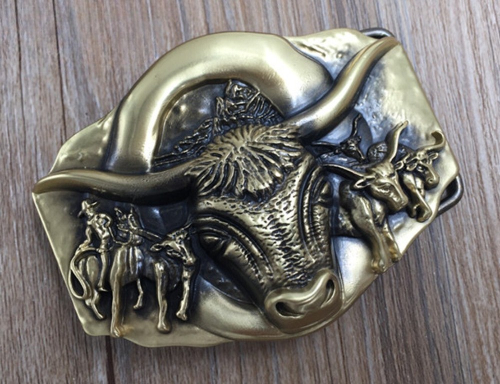 Solid Brass Bull Head Belt Buckle Western Rodeo Cowboy Wear Fit 1.5in Belts