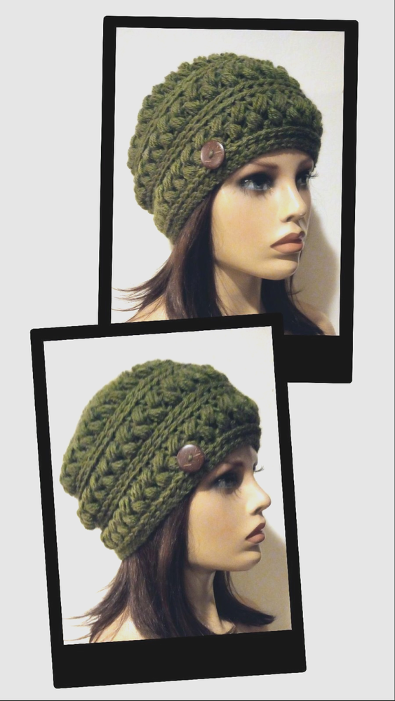 handmade crochet womans button hat beanie olive green alpaca blend puffs USA