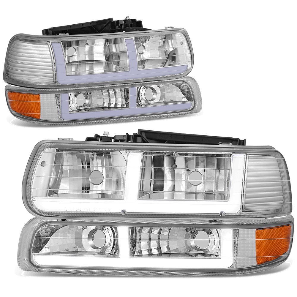 Fit 99-06 Tahoe Silverado Suburban 1500 F-Pattern LED Bar Chrome Amber Headlight