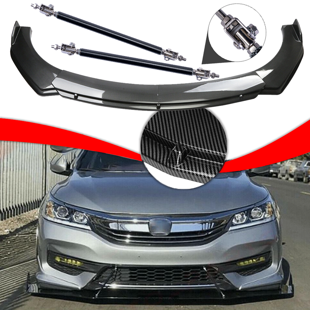 For Honda Accord Civic Carbon Fiber Style Front Bumper Lip/ Spoiler Strut Rods