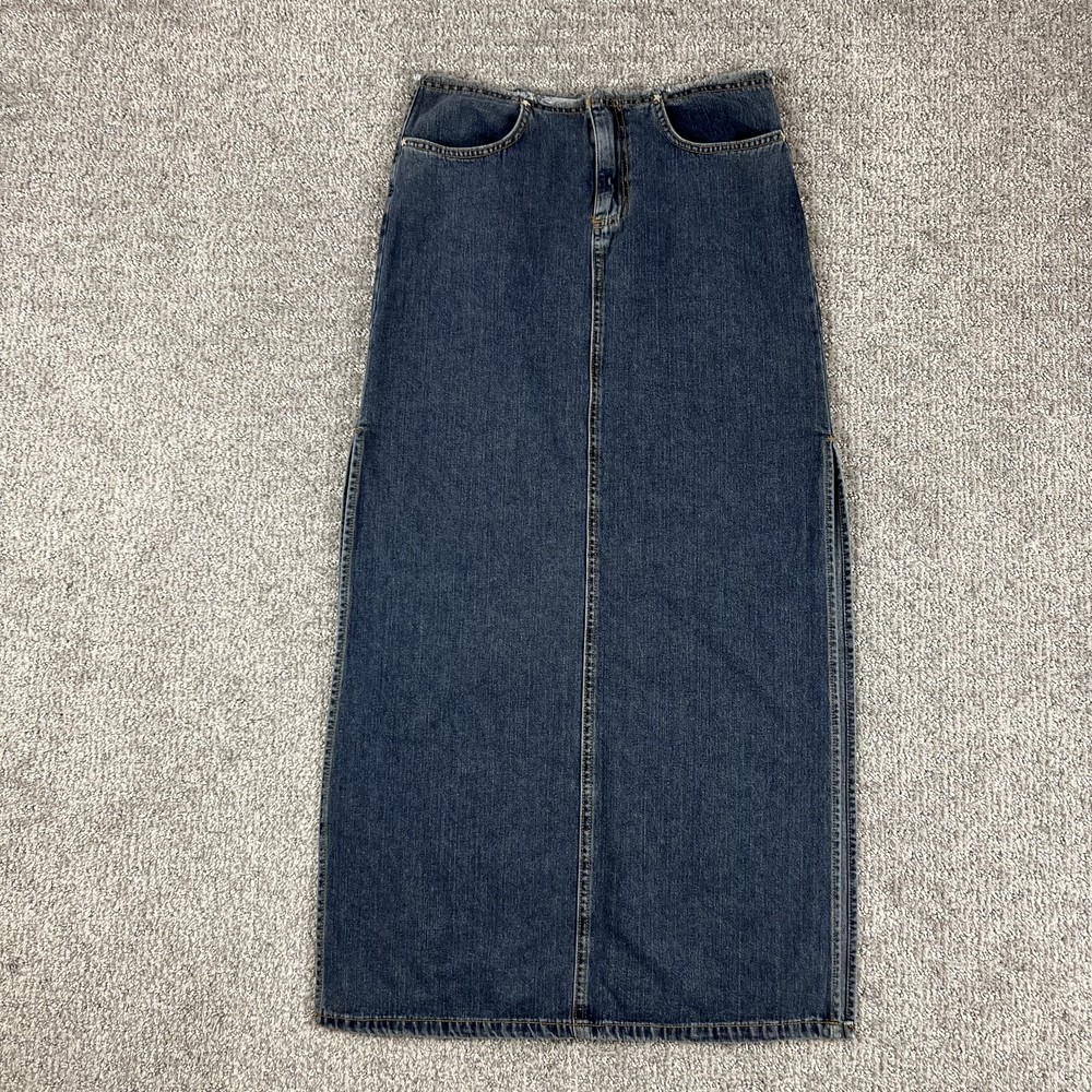 Vintage 90s Blue Denim Maxi Skirt Womens Small Low Rise Raw Hem USA Bubblegum