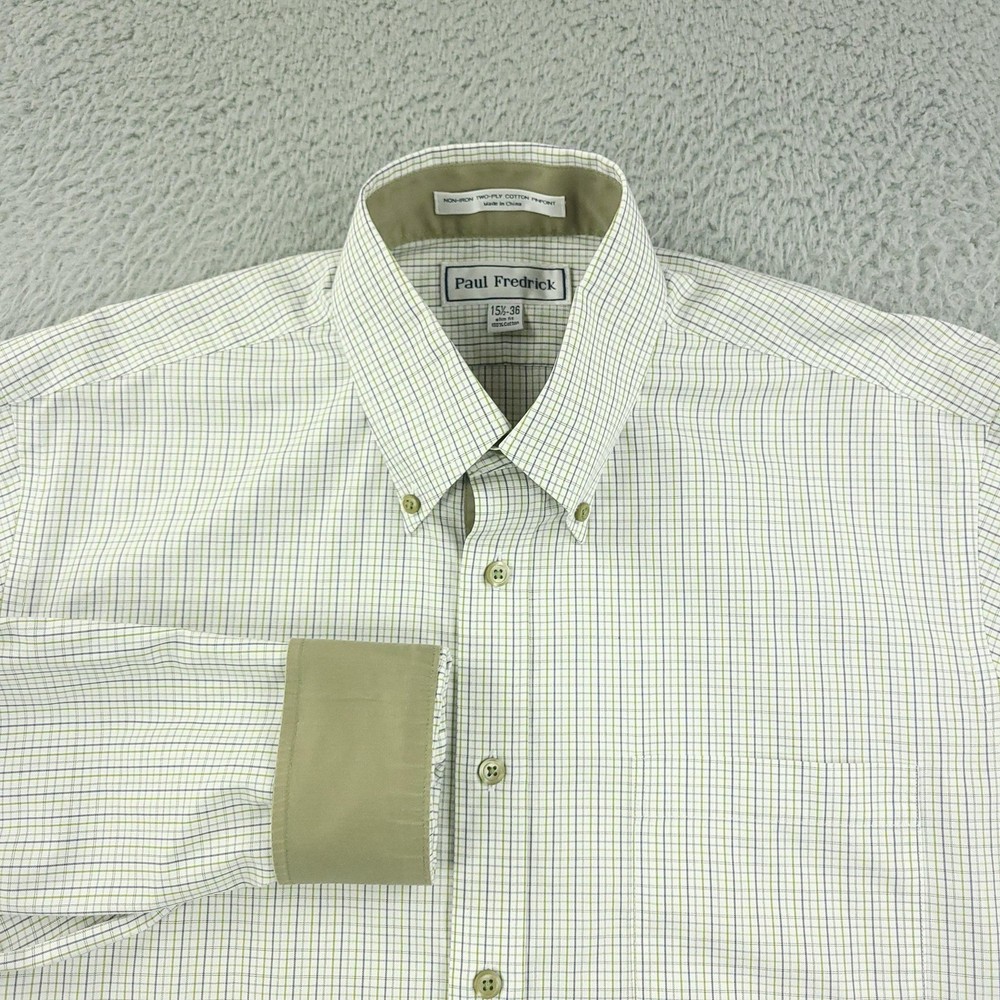 Paul Fredrick Dress Shirt Mens 15.5 Slim Fit Green Blue Check Business Flip Cuff