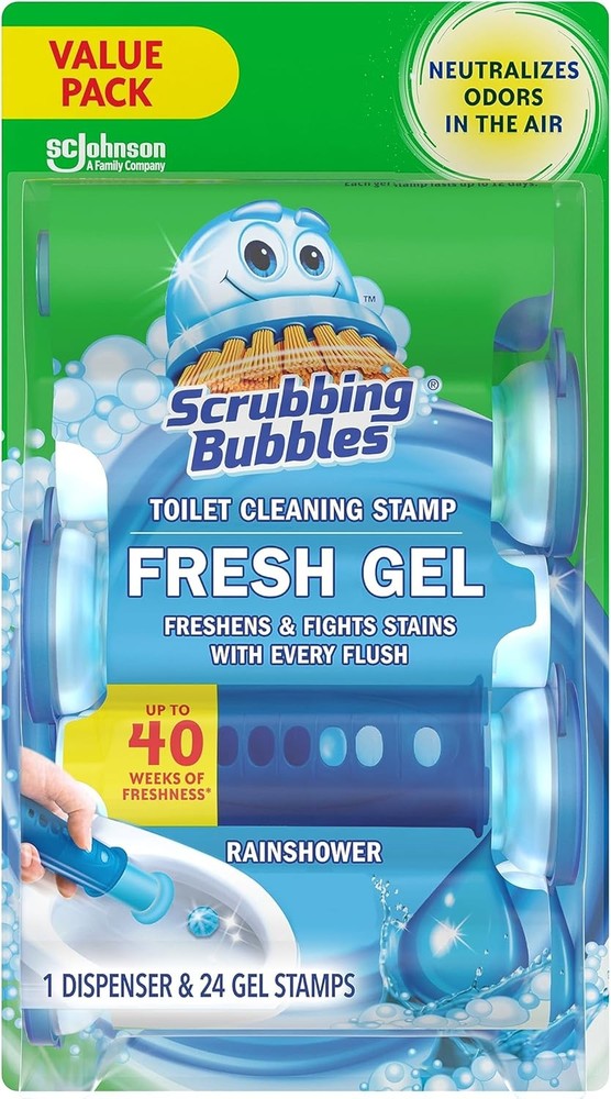 Scrubbing Bubbles Fresh Gel Toilet Cleaning Stamps Rainshower 24 Count Dispenser
