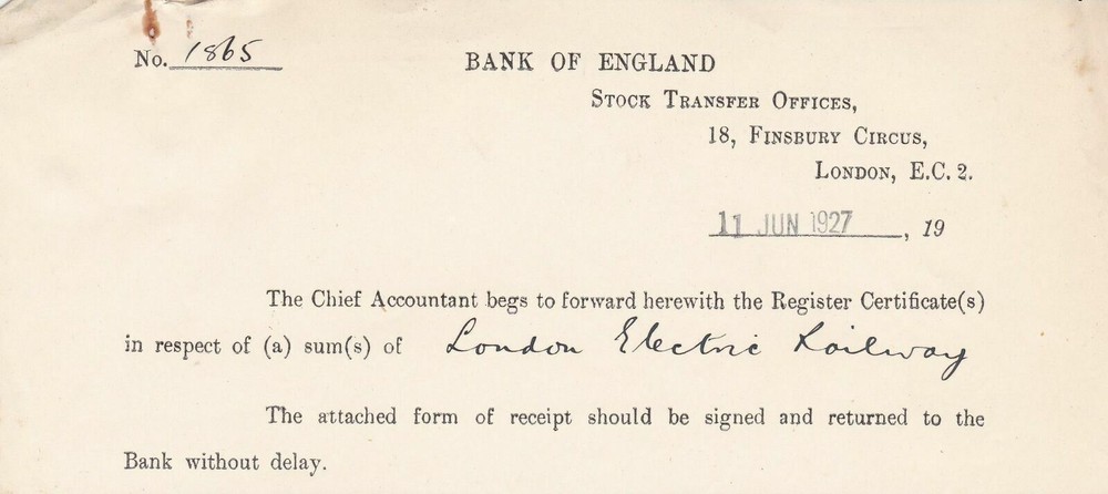 BANK OF ENGLAND, Stock Transfer Offices, London  1927 L.E.Railway Slip Ref 46279