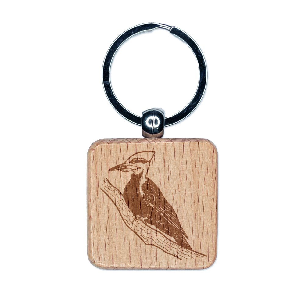 Pileated Woodpecker Bird on Branch Engraved Wood Square Keychain Tag Charm