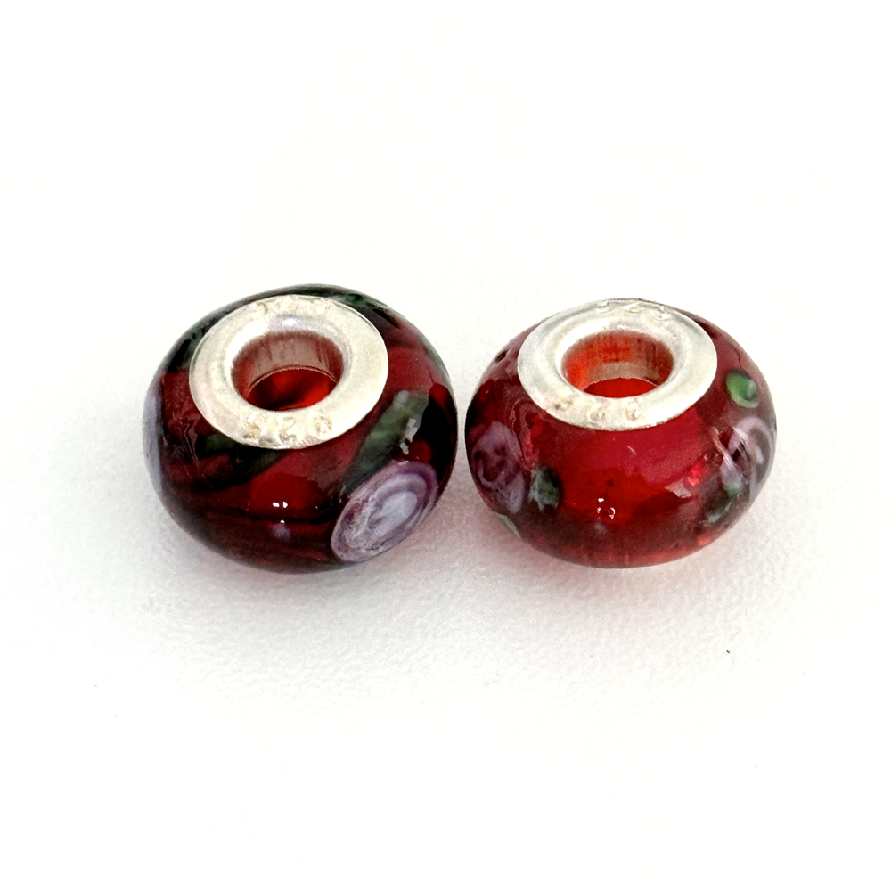 925 Sterling Silver Cherry Red Pink Floral Murano Glass European Charms Lot of 2