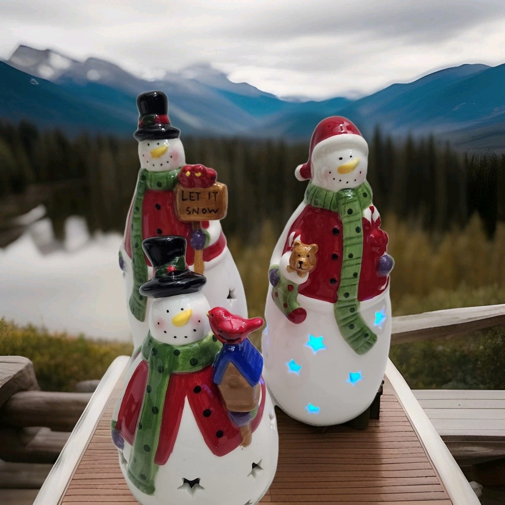 Ceramic Snowmen Family Figure w/ Color Changing LED Light Christmas Indoor Decor