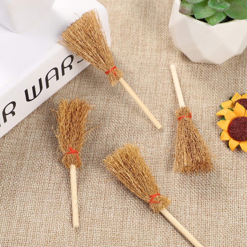 12PCS Mini Witch Broom Decor with Red Rope for Halloween Party Costume Hanging Toys