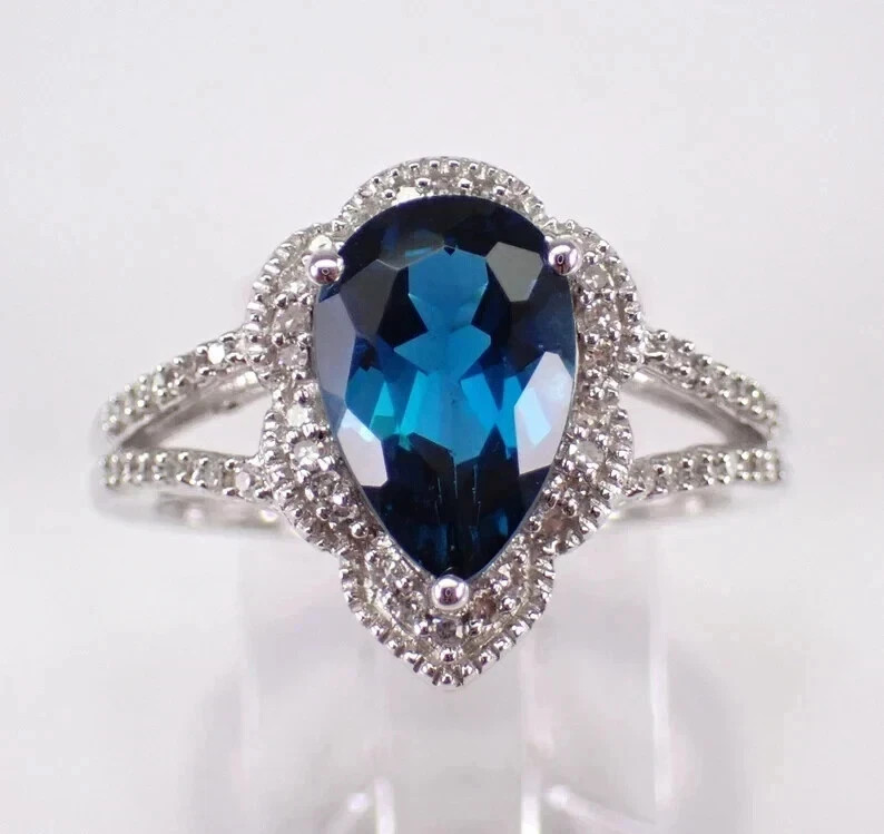 3.75 Ct Pear Cut London Blue Topaz Halo Woman Ring 14K White Gold