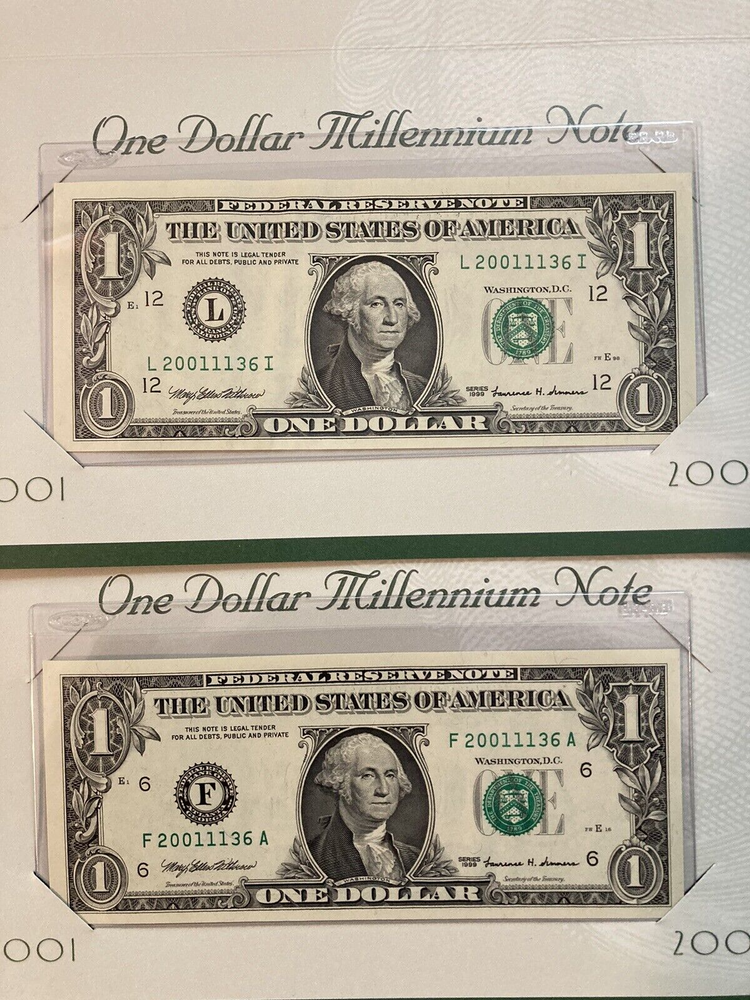 Set of 2   2001 One Dollar Millennium Notes MATCHING SERIAL #  20011136