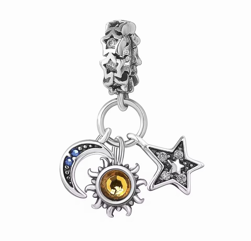 Sun Moon & Star Dangle Charm Bead S925 Sterling Silver Triple Charm For Bracelet