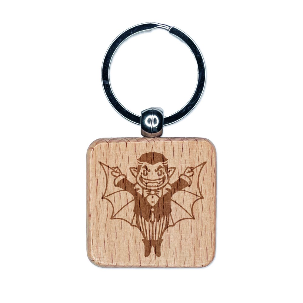 Cartoon Vampire Dracula Wood Engraved Halloween Keychain Charm