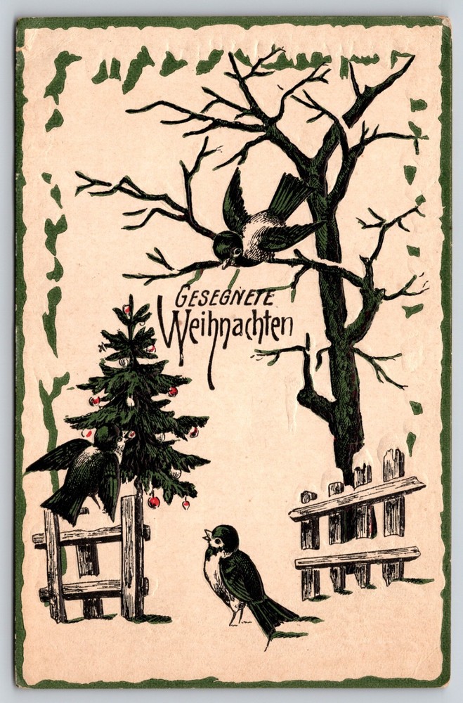 Postcard Gesegnete Weihnachten Blessed Christmas Blue Birds Decorating Tree