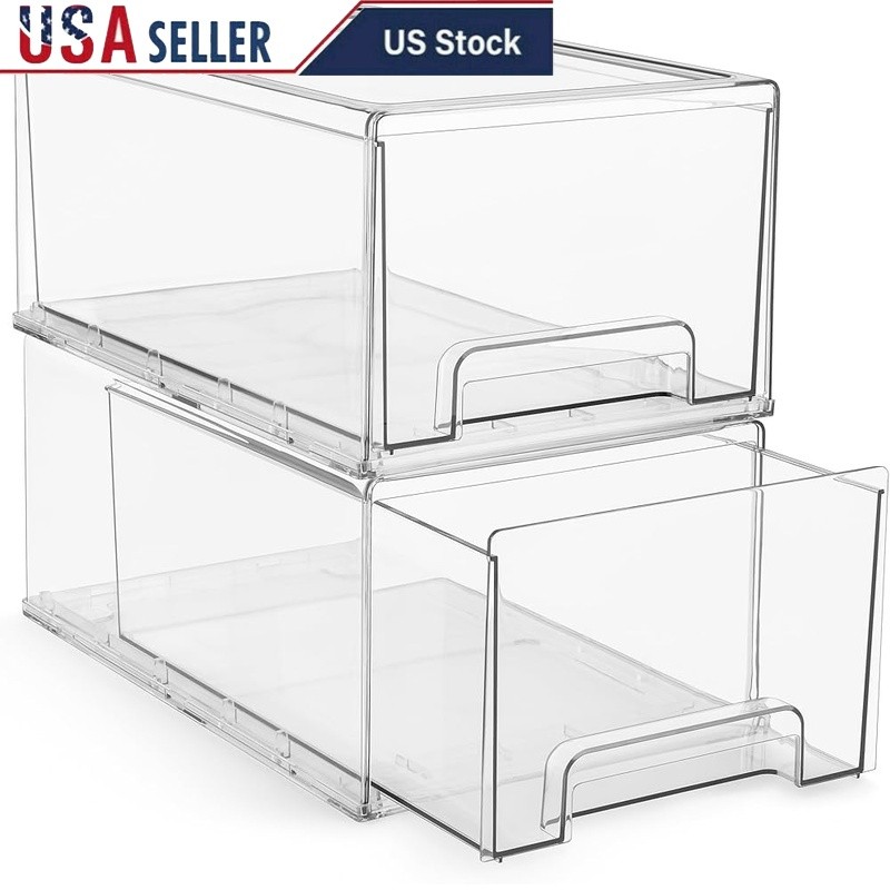 Stackable Storage Drawers Clear Plastic Organizers Closet Pantry Bathroom Office