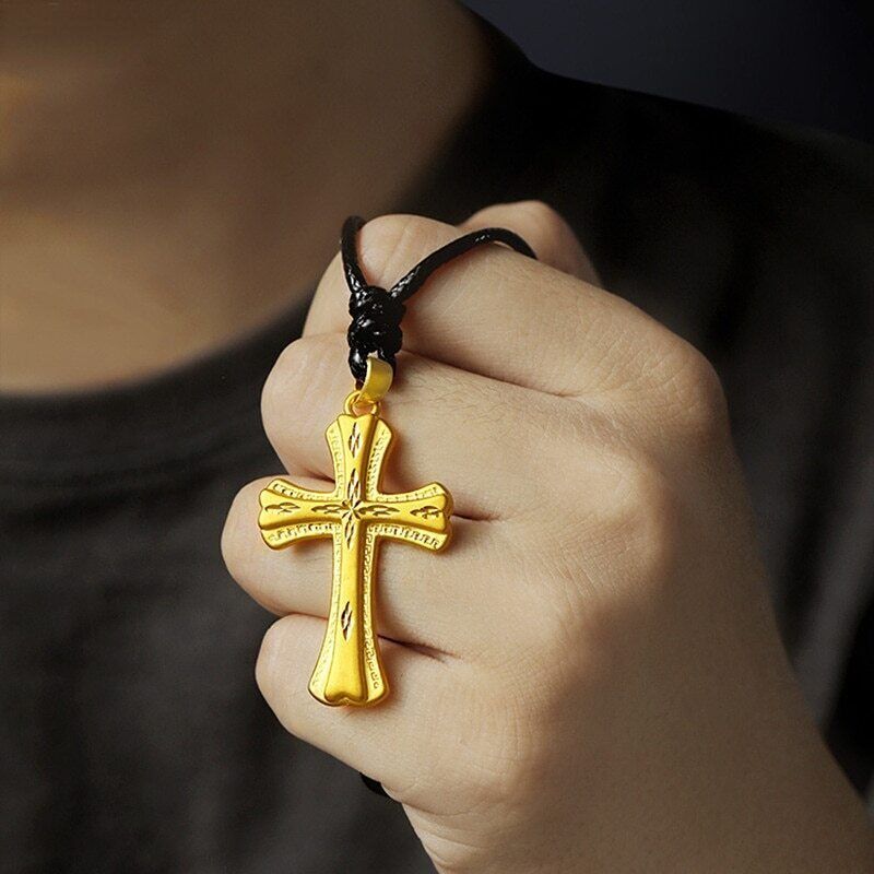 Religious Jewelry 24K Gold Plated Cross Pendant Leather Rope Necklace Chains