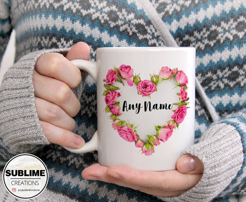 Personalised Floral Loveheart Pink Rose Wreath Mug Custom Name Coffee Tea Hot