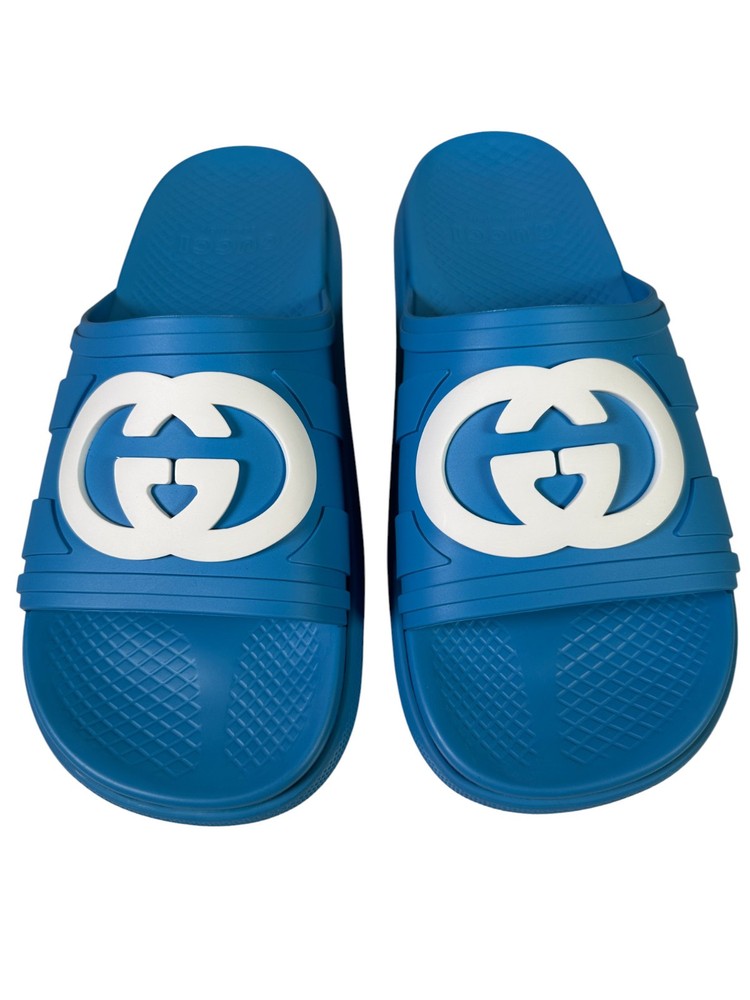 NIB Gucci Rubber Slide Sandals Blue with White GG Logo UK9 US9.5