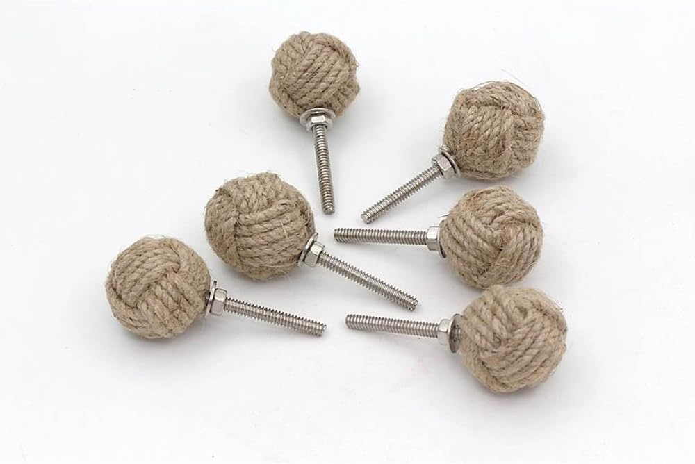 RII 6 Rope Doorknobs Nautical Twisted Decorative Jute, Rustic Rope Knot Drawer P