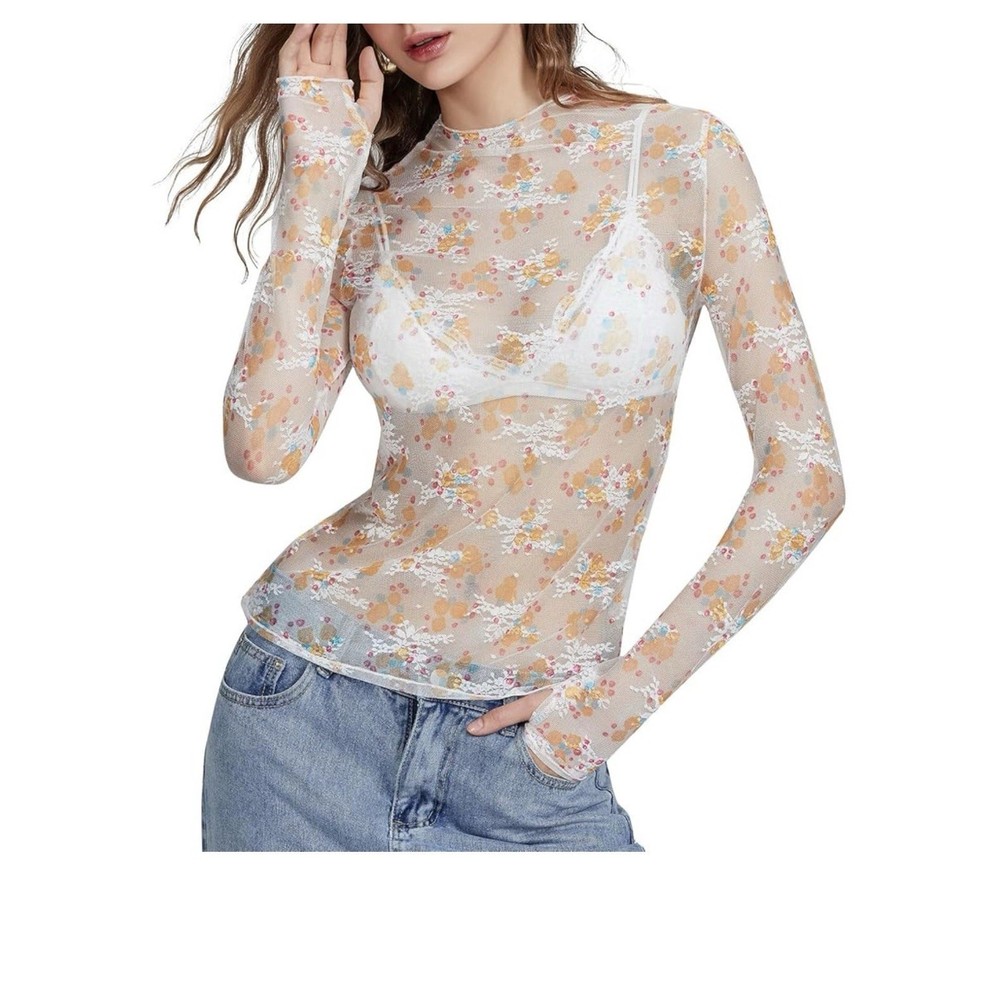 Women’s 90s Y2K XL L Floral Lace Mesh Sheer Long Sleeve Top Layered New Blouse