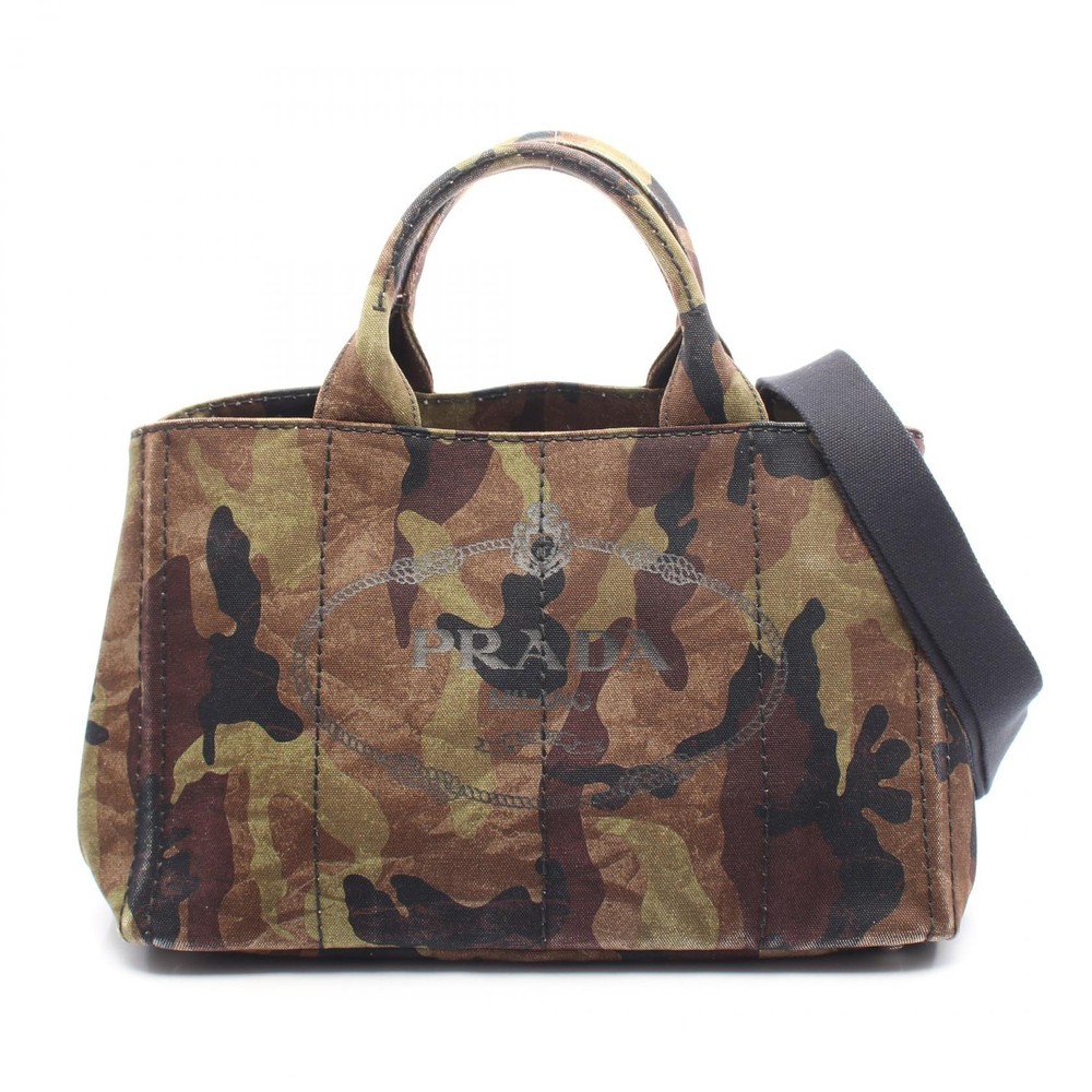 PRADA Canapa 2-Way Crossbody Shoulder Tote in Khaki Canvas B2642B Pre-Owned