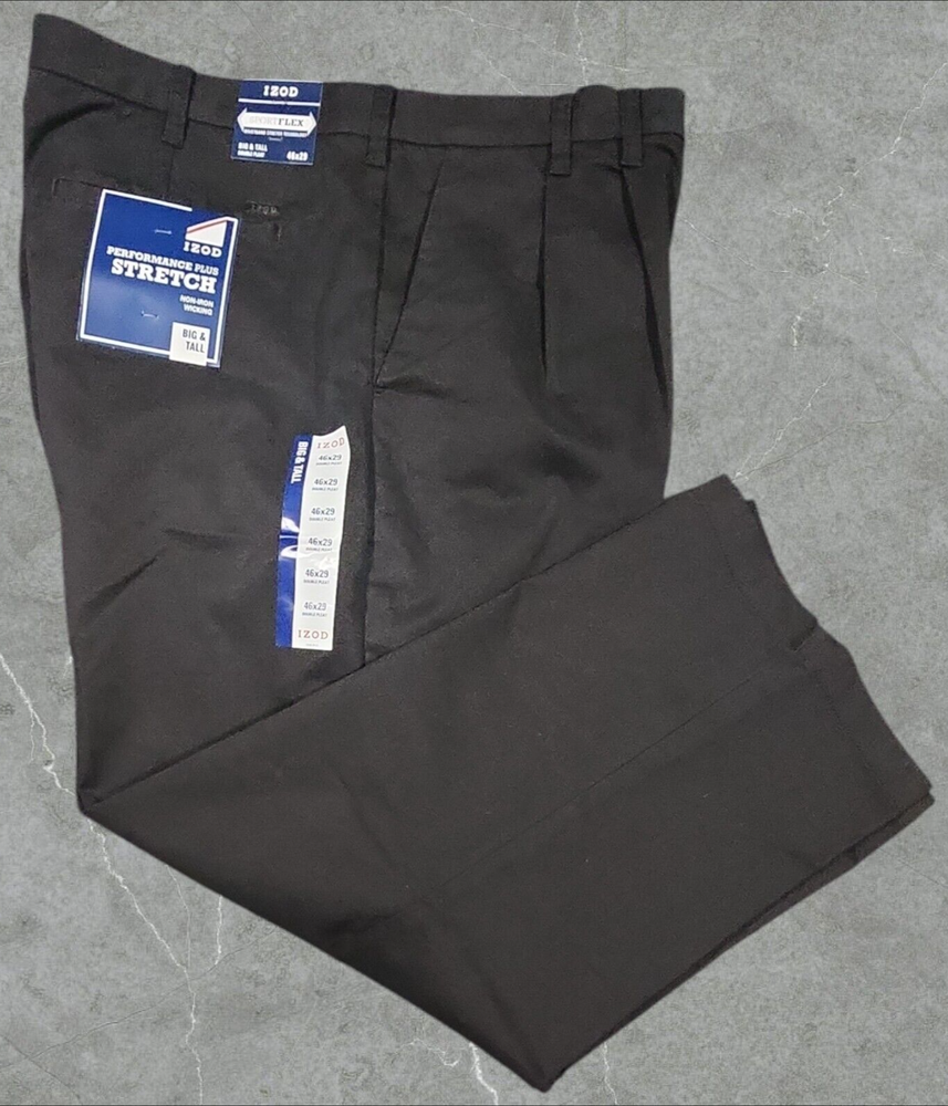 Izod Performance Stretch Double Pleat Black Pants Men's Size 46x29 NWT MSRP$80
