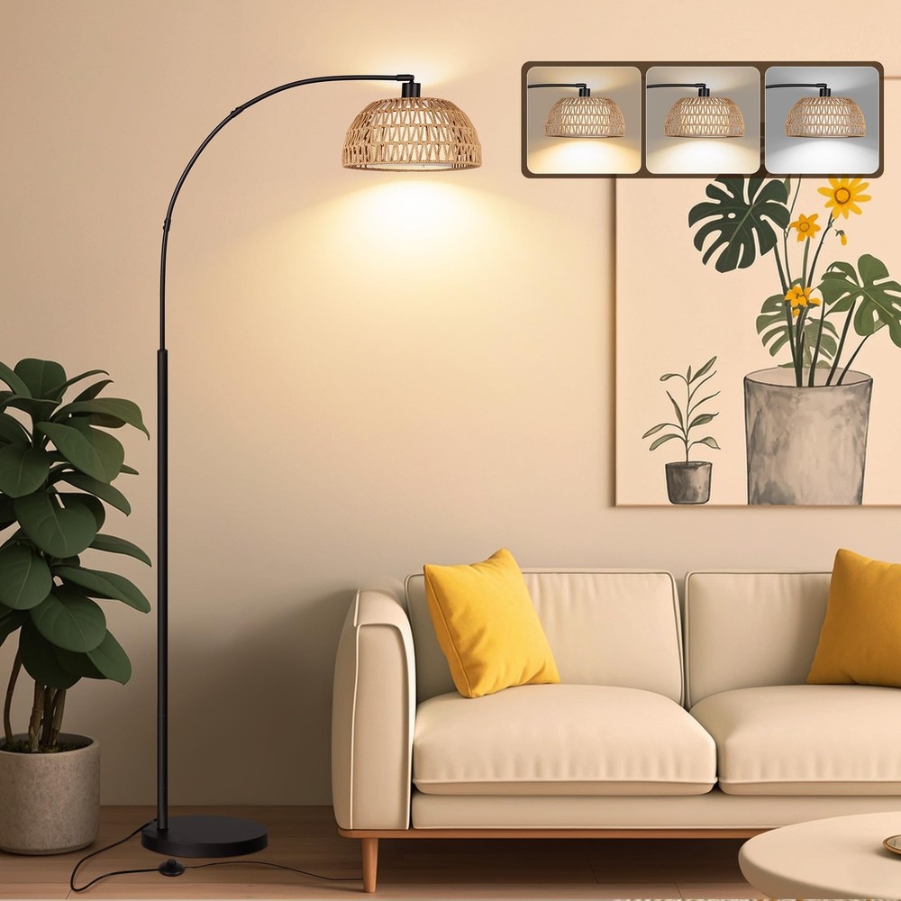 ROTTOGOON Arc Rattan Floor Lamp with 3 Color Temps for Living Room Bedroom Modern Lighting