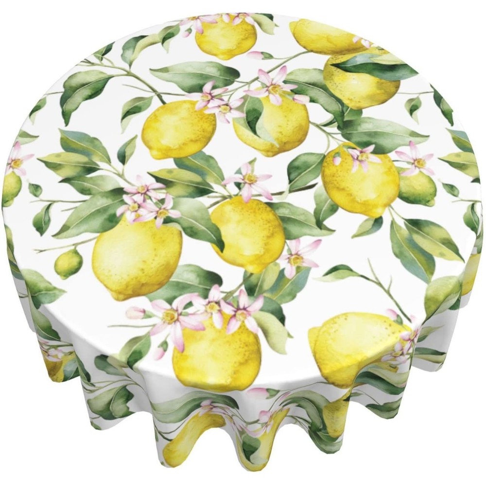 Lemon Round Tablecloth Waterproof Fabric Table Cover Washable 60” Table Cloth...