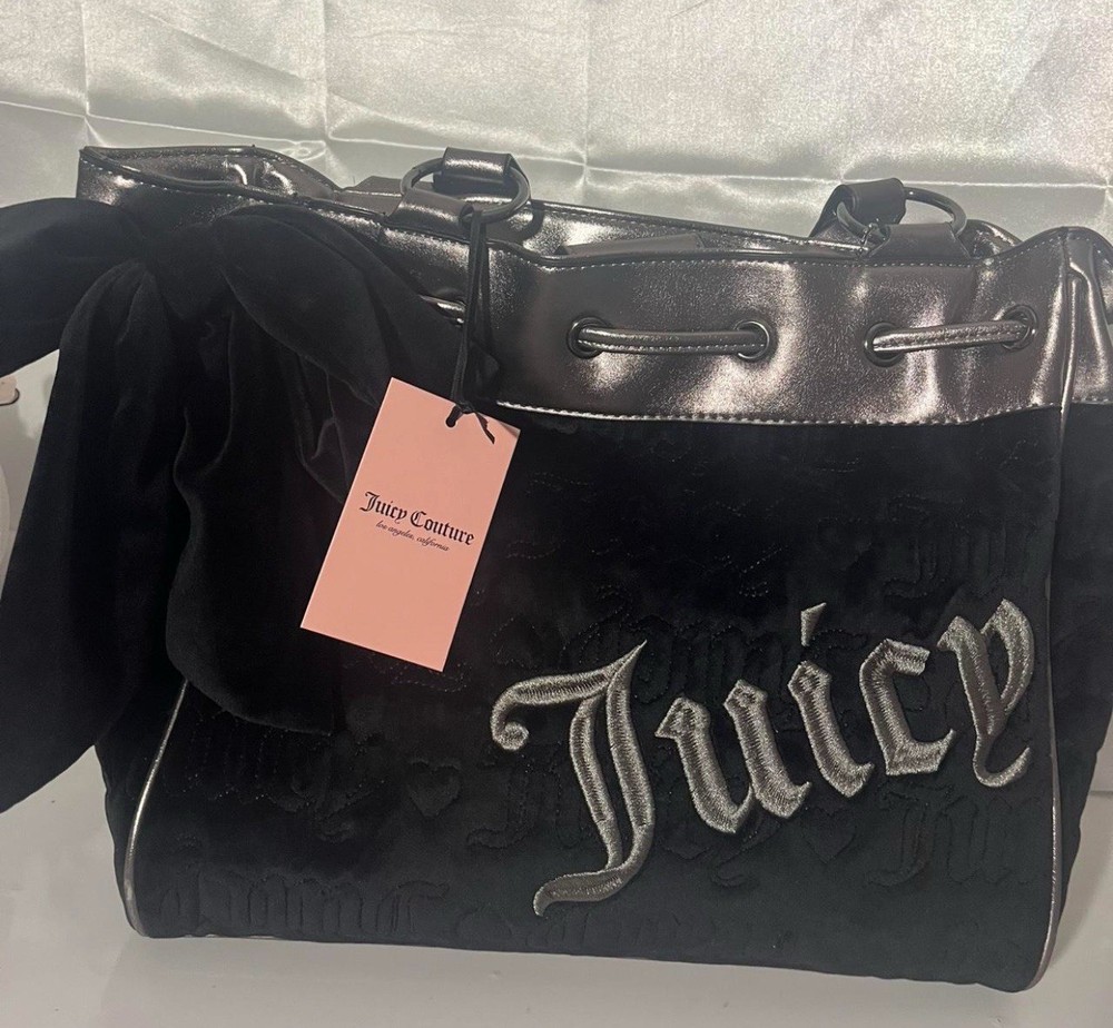 NEW Juicy Couture Black Velour Vintage Bag  Daydreamer Embroidered Logo Tote Lar