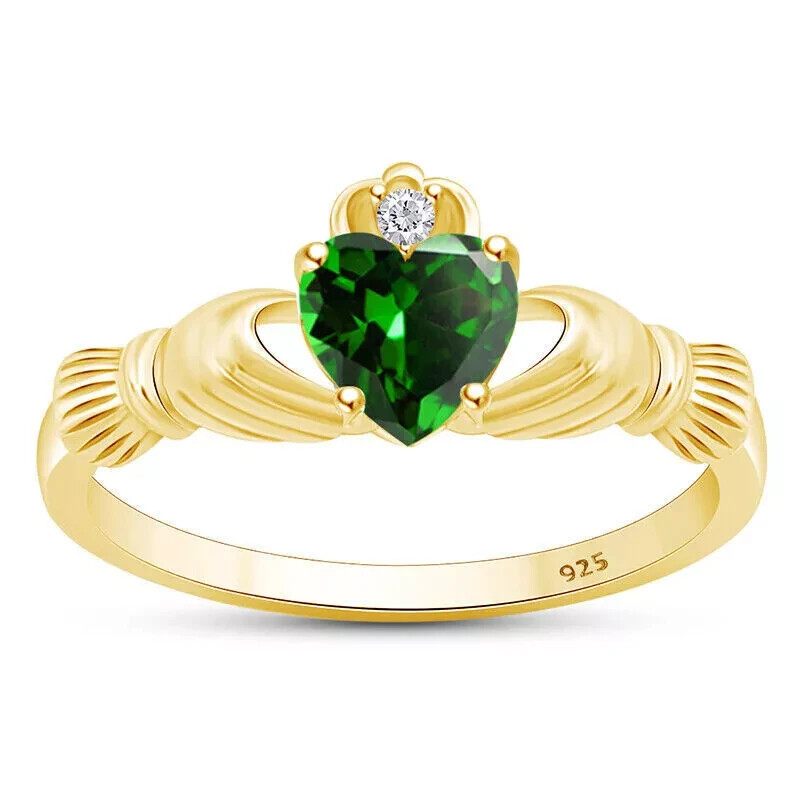 2Ct Heart Simulated Green Emerald/CZ May Birthstone Ring 14k Yellow Gold Plated