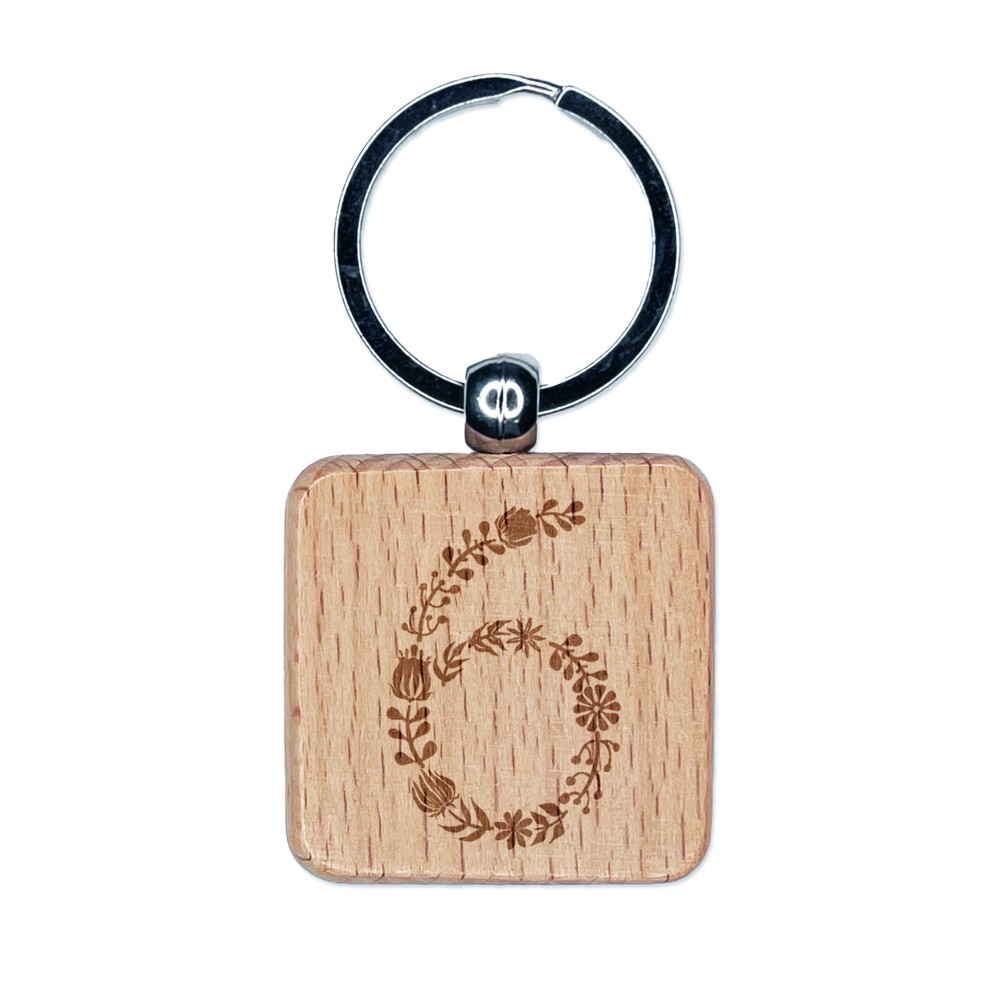 Elegant Floral Engraved Wooden Number 6 Keychain Charm Tag