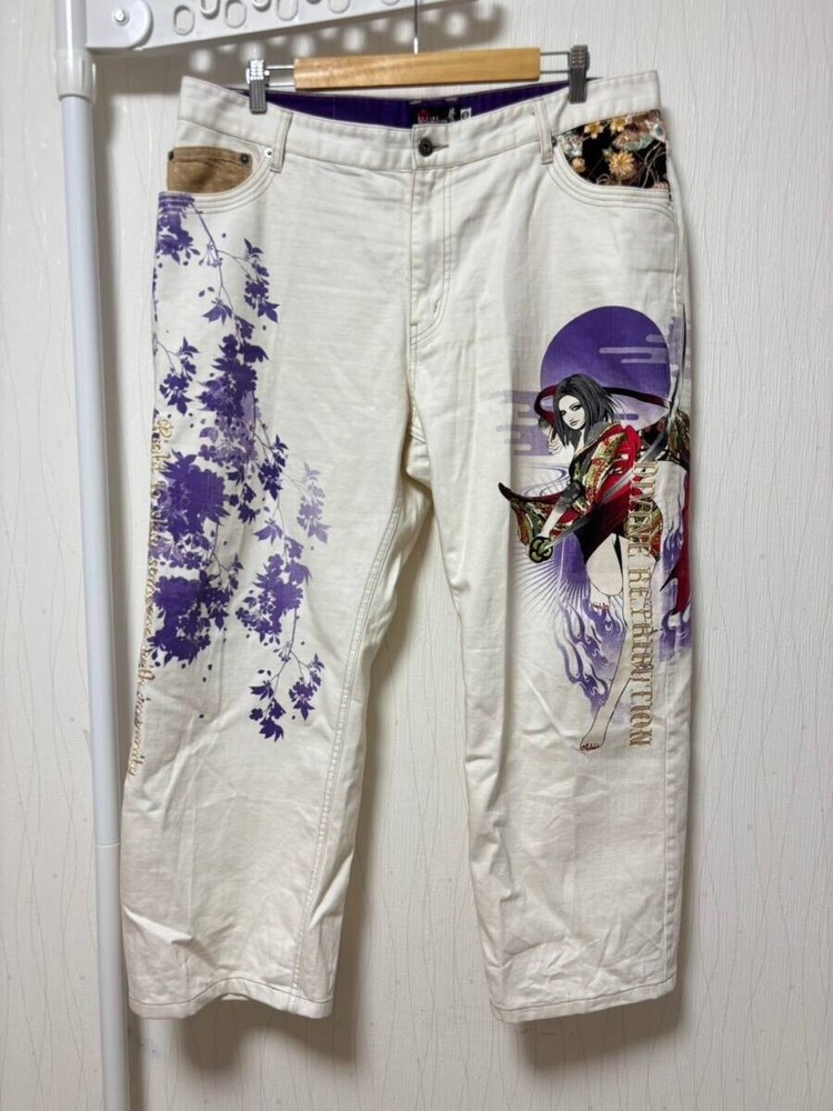 Samurai Embroidered Battou Musume Denim Jeans Size 40 White Japanese Used