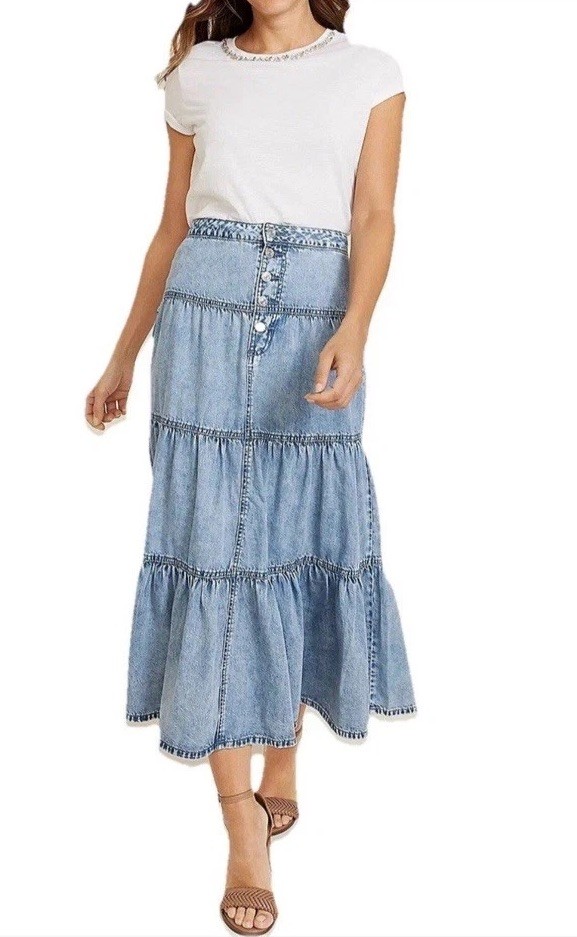 M Jeans by Maurice’s Tiered Button Front Denim Maxi Skirt Womens 12 Boho Cottage