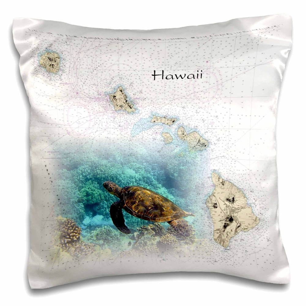 3dRose Print of Hawaiian Islands Chart With Sea Turtle 16x16 inch Pillow Case