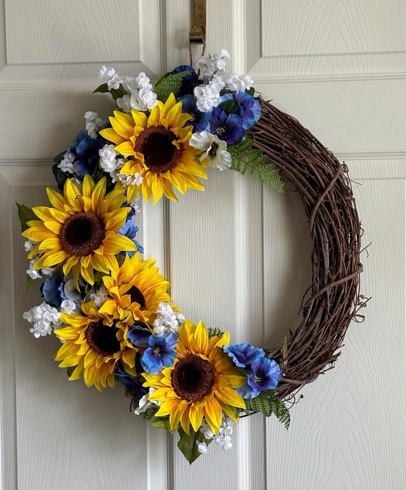 Sunflower Grapevine Wreath with Greenery and Flowers 18x18x4 Inches  
