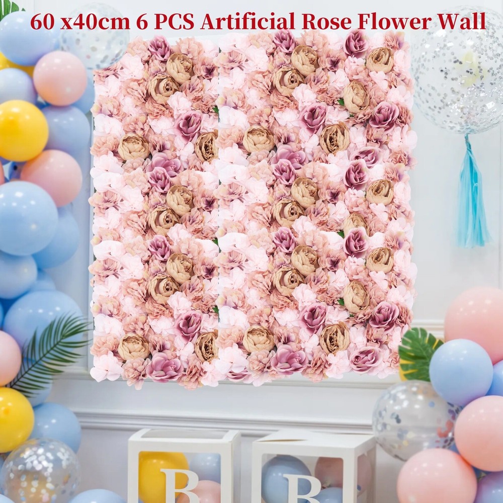 6 Pcs Artificial Rose Flower Wall Panel Wedding Backdrop Party Decor Autumn Pink