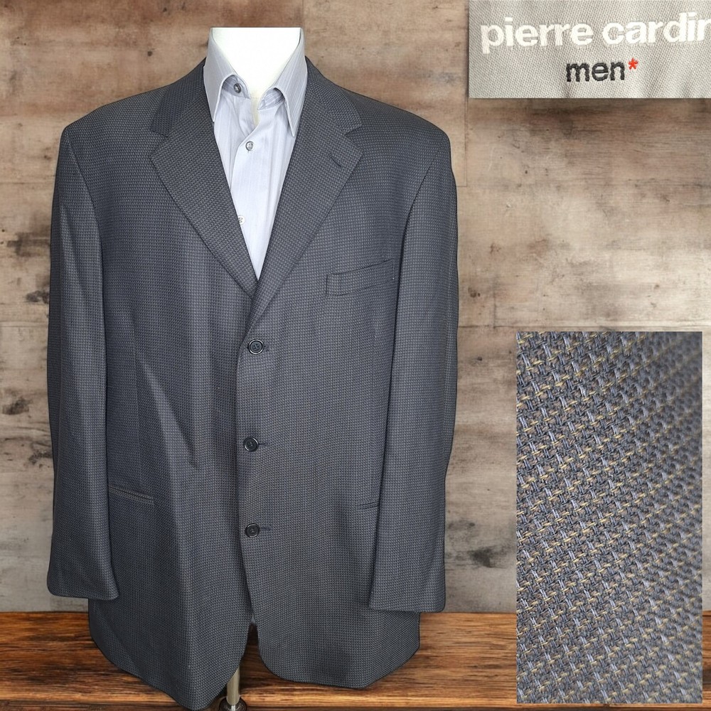 Pierre Cardin Sport Coat Jacket Mens 46L Dark Gray Brown Check 3 Button Wool