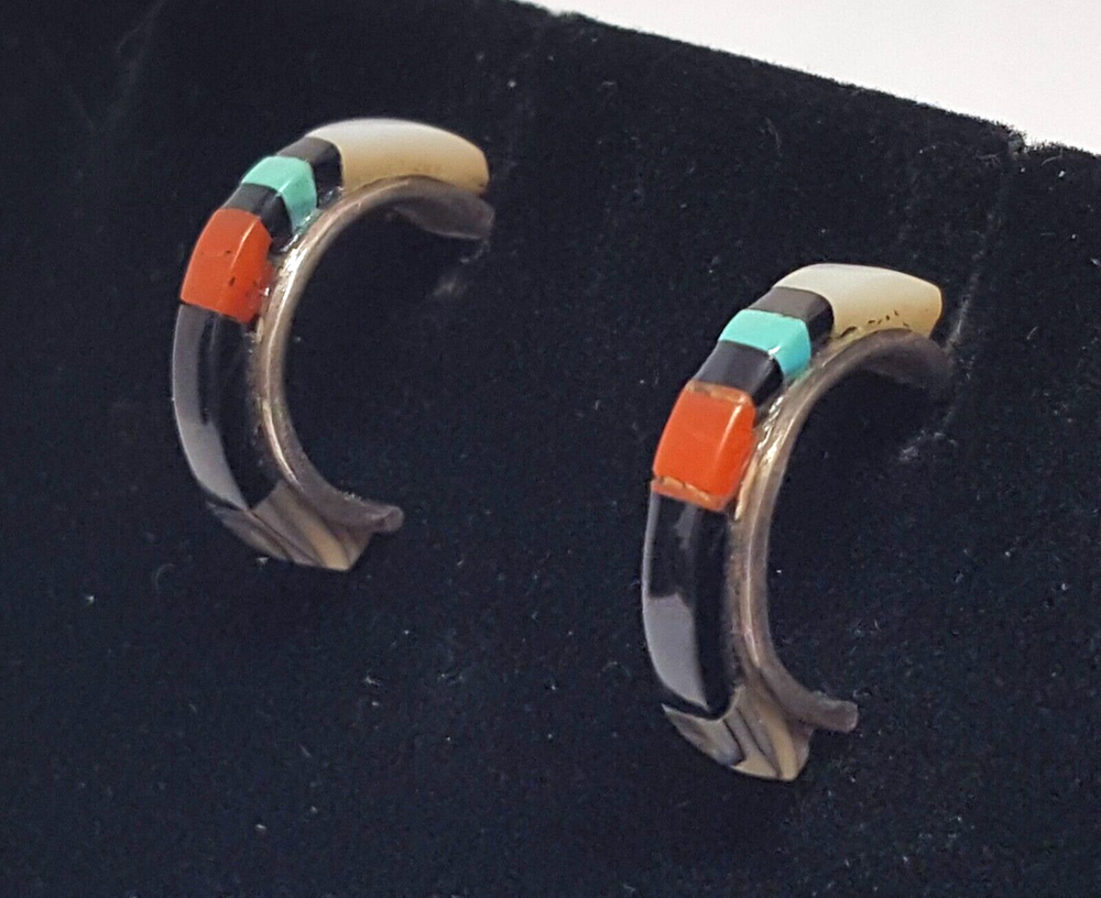 Sterling Silver Gemstone Patchwork Southwest Earrings C Hoop Multicolor Vtg 3/4